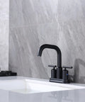 4 Inch Centerset Matte Black Bathroom Faucet With Two Handles High Arc Swivel Spout Pop Up Drain Assembly And Water Supply Lines