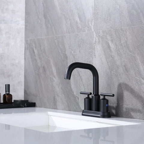 4 Inch Centerset Matte Black Bathroom Faucet With Two Handles High Arc Swivel Spout Pop Up Drain Assembly And Water Supply Lines