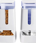Two Pack Automatic Pet Feeder And Gravity Water Dispenser For Cats And Dogs, white dual unit with food and water.
