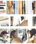 Heavy Duty Interlocking Black Plastic Shims One Thousand Unit Box For Builders And Renovators Aligning Door And Window Openings Without Sticky Tape Or Crazy Glue Using Patent Pending Collapsible Lock System in use during installation.