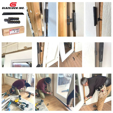 Heavy Duty Interlocking Black Plastic Shims One Thousand Unit Box For Builders And Renovators Aligning Door And Window Openings Without Sticky Tape Or Crazy Glue Using Patent Pending Collapsible Lock System in use during installation.