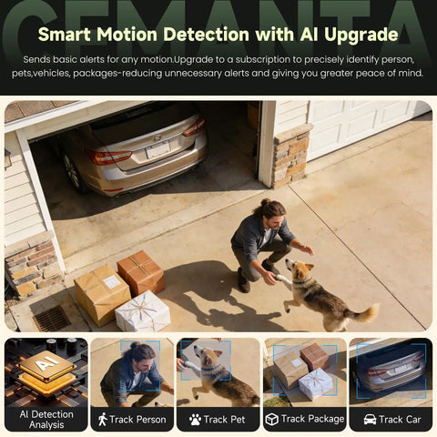 Professional Grade 4MP Wireless Outdoor Security Camera System With Solar Panel And Dual Band Wifi capturing person and dog by garage.