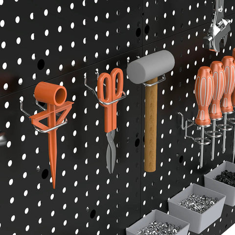 Black Plastic Pegboard Wall Organizer Panels, 4 Pack of 17.5x17.5 Inches, with tools hanging, stand off design shown.