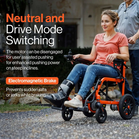 Woman seated in orange GoRide Series Lightweight Foldable Electric Wheelchair With Dual 250W Brushless Motors on sidewalk.