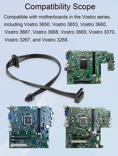 Mini ATX 6 Pin To Dual SATA Power Adapter Cable For PC Builds Lets You Power Two SATA HDDs Or SSDs From A Single Connector Seventeen Point Nine Inch Length Forty Five Point Five Centimeters Great For Upgrading Rigs. 20AWG cable for Dell Vostro motherboards