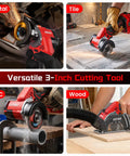 Heavy Duty 20V Compact Circular Saw With 3 Inch Brushless Motor And Dual 4Ah Batteries For Blazing Fast Cuts cutting through metal, tile, PVC, and wood.