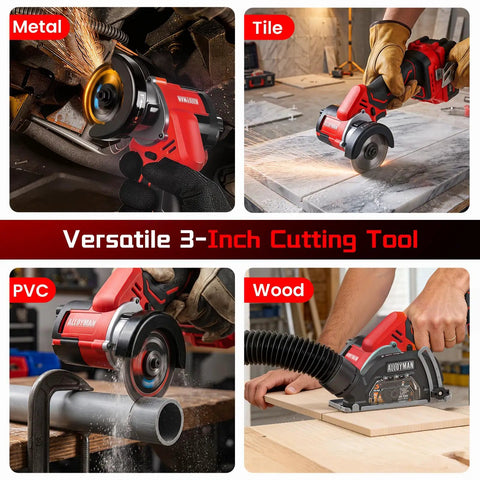 Heavy Duty 20V Compact Circular Saw With 3 Inch Brushless Motor And Dual 4Ah Batteries For Blazing Fast Cuts cutting through metal, tile, PVC, and wood.