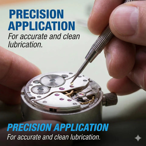 Watchmaker applying Pro Grade Watch Movement Oil Lubricant 2ml for precision clock and wristwatch maintenance