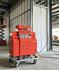 Pro Dual Component Polyurethane Spray Machine Foam Proportioner Professional Grade Sprayer Kit For Construction Insulation Projects, red industrial spray machine in construction site.