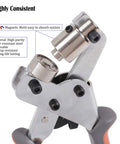 Close-up of Grommet Tool Kit with Handheld Hole Punch Pliers showing magnetic mold and durability features.