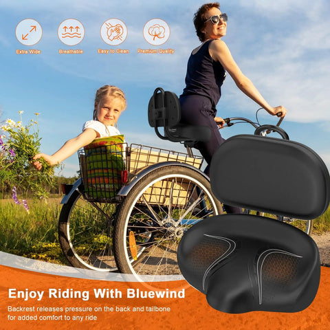 Oversized Noseless Bike Seat With Backrest 13 By 9 Inch Ultra Wide Saddle For Ebikes Tricycles And Stationary Bike Cushions with backrest and foam cushion
