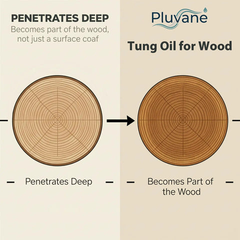 Illustration showing benefits of 100 Percent Pure Tung Oil 12 Oz Natural Wood Finish For Furniture And Crafts Non Toxic Fast Drying.