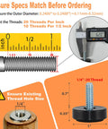 12 Pack Slick 1/4-20 Thread Furniture Levelers With Grip Tight Rubber Feet For Light Couches And Cabinets Scratch Free Floor Savers showing measurement and threads.