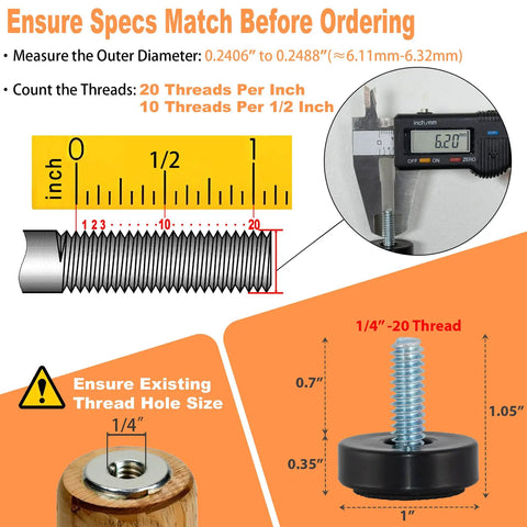 12 Pack Slick 1/4-20 Thread Furniture Levelers With Grip Tight Rubber Feet For Light Couches And Cabinets Scratch Free Floor Savers showing measurement and threads.
