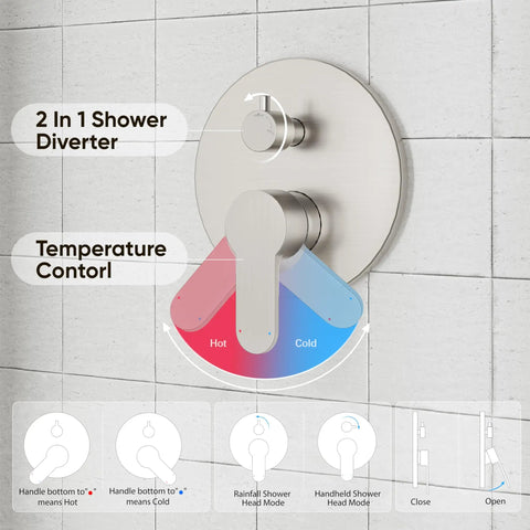 Heavy Duty Shower System With A Ten Inch Rain Shower Head And Adjustable Handheld Mount In Glossy Brushed Nickel Featuring A Precision Pressure Balance Valve For Zero Drip Drama And Solid Brass Fixtures That Run Smooth Daily