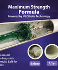 Severe Clog Relief AC Drain Line Cleaner 5X Concentrate with enzyme action in pipes, showing before and after results for HVAC buildup.