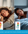 Before and after image of a woman using a Cooling Comforter With Double Sided Cold Touch Fabric For Hot Sleepers And Night Sweats.