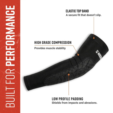Premium Padded Arm Sleeves With Compression Elbow Protection, Non Slip Sweat Resistant Design For OCR, Baseball, Football, Ideal For Men Women And Youth, Large, Black And Gray shown with elastic top band and low profile padding annotations.