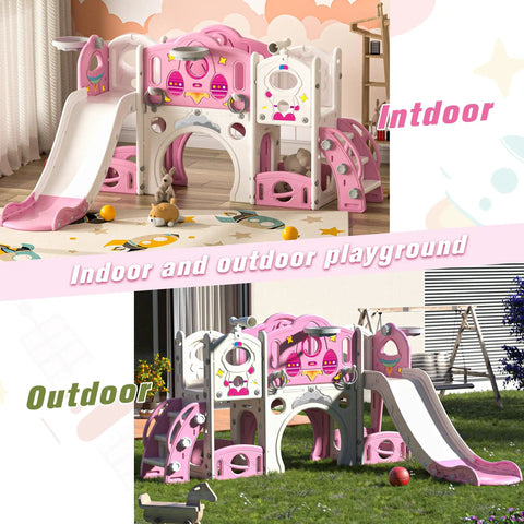 Toddler Slide And Climber Playset For Backyards Or Indoors A 9 In 1 Freestanding Kids Playground With Basketball Hoop Telescope Ring Toss Storage Space And Easy Climb For Ages 1 To 4 Kid Approved Fun in indoor and outdoor settings.