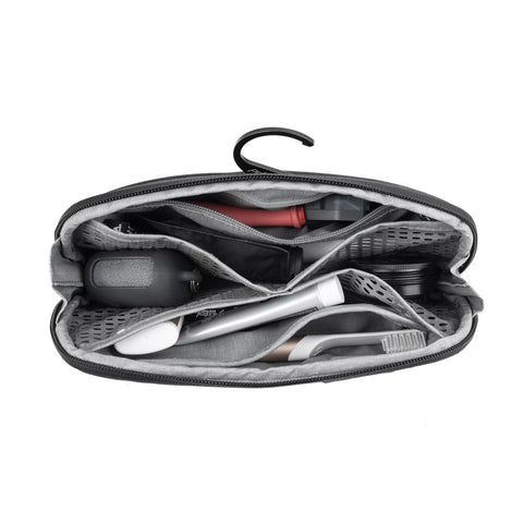 Small Wash Pouch Travel Toiletry Bag Weatherproof With Upright Or Hanging Design, open showing mesh pockets and contents