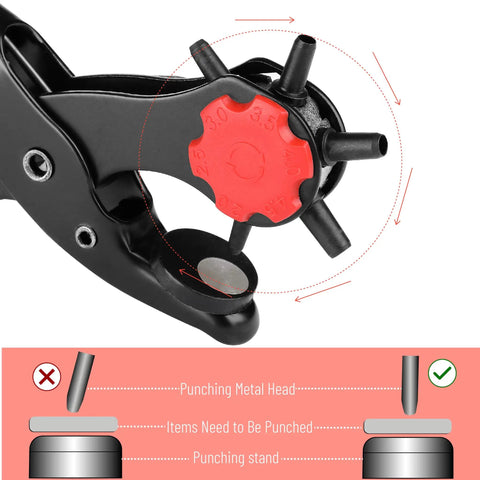 Close-up of Leather Hole Punch Tool Set With Red Handle, Pro Grade Multi Size Punches And 100 Piece Grommet Eyelet Kit.