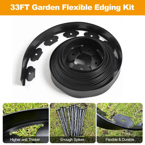 4 Inch Tall No Dig Landscape Edging Kit with 33 Feet of Flexible Border and 30 Spikes for Lawn and Garden