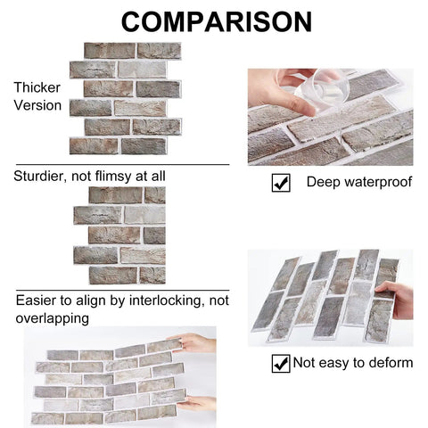 Comparison of peel and stick brick wallpaper tiles showing thickness, firmness, interlocking design, and waterproof feature.