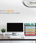 Five Tier Letter Tray Desk Organizer With Handle Metal Mesh Paper Holder next to monitor on office desk