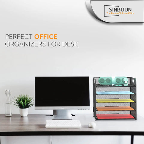 Five Tier Letter Tray Desk Organizer With Handle Metal Mesh Paper Holder next to monitor on office desk