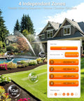 Image of Solar Powered WiFi Sprinkler Timer With 4 Zones And Water Flow Meter app interface on a lawn, showing irrigation settings.