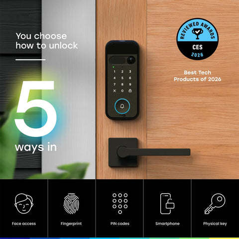 Top Shelf 3 In 1 Smart Lock With 2K Hdr Video Doorbell Camera Featuring Facial Recognition Fingerprint Pin And App Control color night vision keypad access on door.