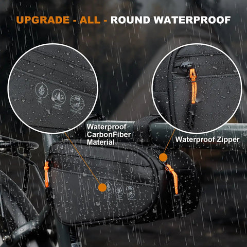 Dope Bike Triangle Frame Bag With 2 Side Pockets And 3 In 1 Top Tube Bag Waterproof MTB Pouch showing details in rain