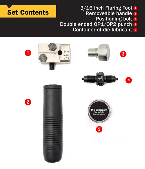 Front view of Titan 51535 3/16 in double flaring tool set: flaring block, handle, adapter, punch, lubricant tin.