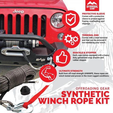 Beefed Up 50 Foot 1/4 Inch Synthetic Winch Rope Kit For Jeeps ATVs UTVs And Quad Bikes, 6,400 Lb Capacity, features on red Jeep