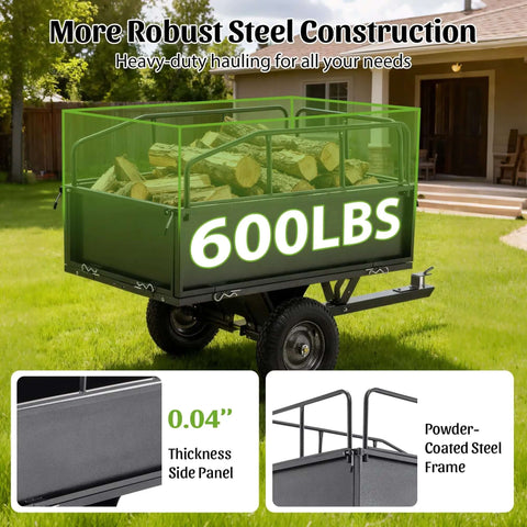 Heavy Duty 600Lb Dump Cart For Farm And Garden Tow Behind Utility Trailer With Dual Control Dumping illustrated carrying logs.