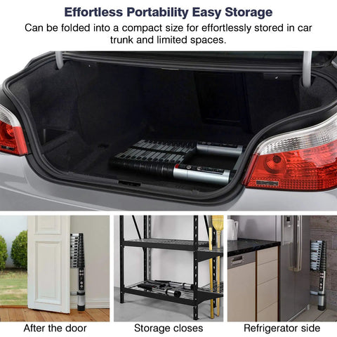 Aluminum Telescoping Extension Ladder 12.5 ft With Locking Mechanism folded in car trunk and tight spaces