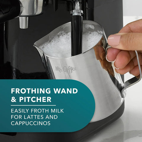 4 Shot Steam Espresso Cappuccino Latte Maker With Stainless Steel Frothing Pitcher and steam wand in use