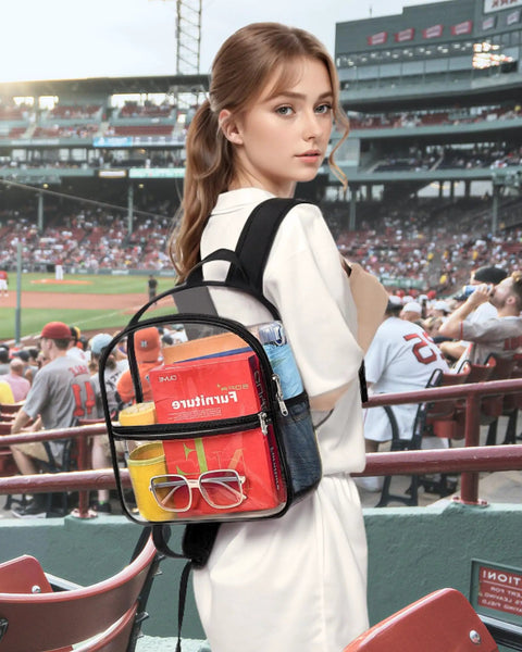 Clear Stadium Bag 12 By 12 By 6 Inches With Reinforced Wider Shoulder Straps for Easy Security Checks at a baseball game, black