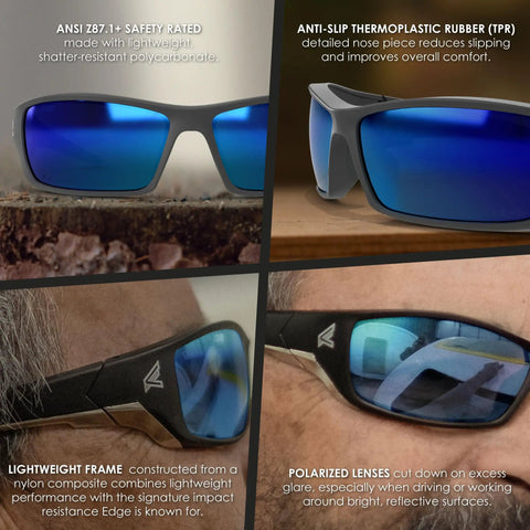 Polarized Safety Glasses With High Impact Rating Z87.1 Plus Non Slip Protective Eyewear showing frame details and materials.