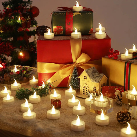 Festive scene with Flameless LED Candles With Remote Timer Warm White Flicker Battery Operated Tea Lights for decor