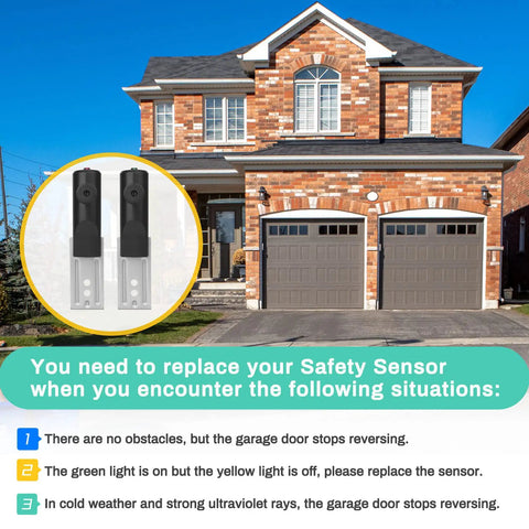 Garage Door Sensor Replacement Kit For Genie And Overhead Openers Made After 1993, dual sensors next to brick house with garage