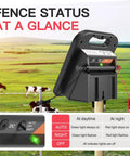 Rechargeable Fence Charger With 0.11J 10 Miles 8100V Max Output Beef Up Your Livestock Yards And Gardens With 24 Hour Uninterrupted Protection From Predators And A Solar Panel In Black showing fence status indicators