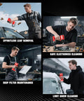 Various uses of Go-To Air Duster With 380W Brushless Motor for cleaning leaves, electronics, filters, and snow, Milwaukee 18V compatible.