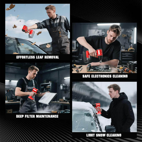 Various uses of Go-To Air Duster With 380W Brushless Motor for cleaning leaves, electronics, filters, and snow, Milwaukee 18V compatible.