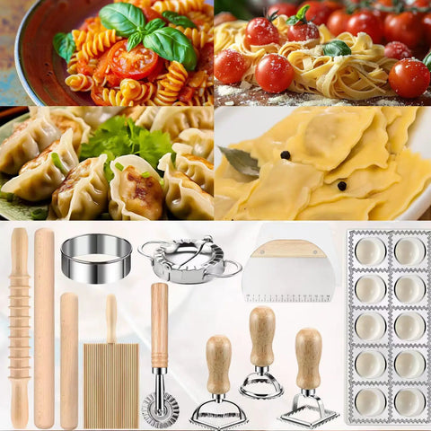 All In One Pasta Making Tools Set For Home Cooks, 14 Piece Ravioli Mold Kit With Wooden Handle, Roller Wheel Cutter, And Ravioli Press Mold