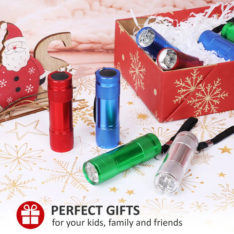 20-Pack Aluminum 6-LED Flashlights Set With Lanyard, AAA Batteries Included And Pre-Installed, colorful flashlights on festive table
