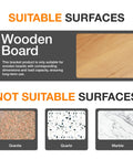 Instruction image for Heavy Duty 8 Inch L Shelf Brackets, showing suitable wooden board and unsuitable granite, quartz, marble.