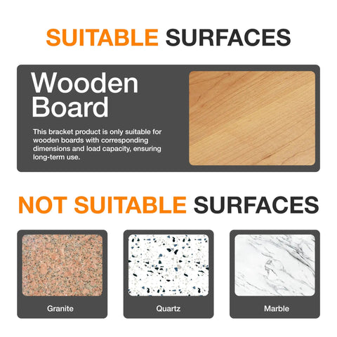 Instruction image for Heavy Duty 8 Inch L Shelf Brackets, showing suitable wooden board and unsuitable granite, quartz, marble.