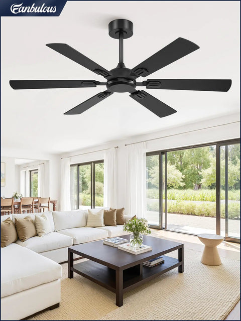 Beefy 52 Inch Ceiling Fan No Light With Remote Modern Ceiling Fan Without Light Dual Finish Six Blades Reversible Quiet DC Motor Six Speed Large Ceiling Fan For Indoor Or Covered Outdoor Black installed in living room