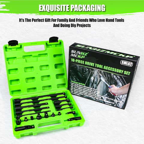 Heavy Duty 18-Piece Impact Socket Extension Set For 1/4, 3/8 And 1/2 Inch Drive in green case with packaging